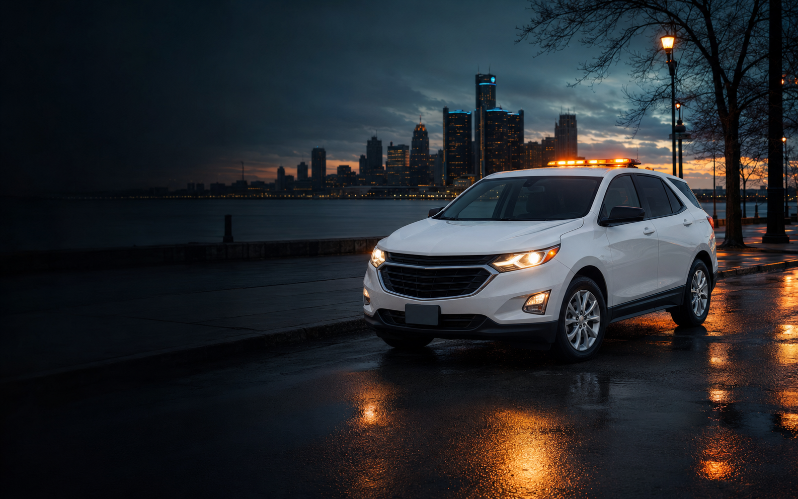 White Speedy Roadside service SUV with amber lights in Detroit